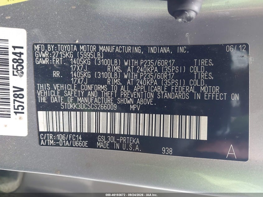 2012 TOYOTA SIENNA LE V6 8 PASSENGER · Фото 9