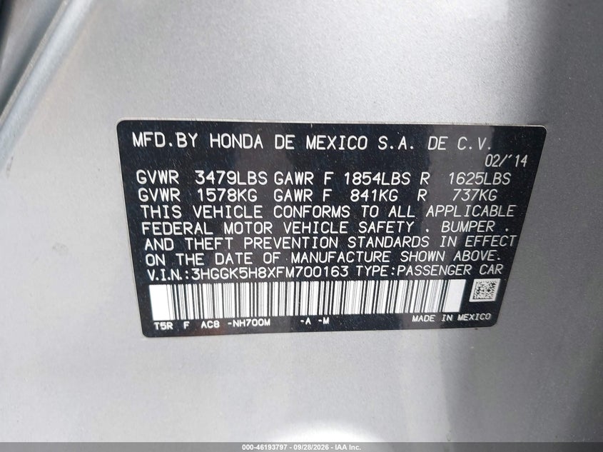 HONDA FIT 2015 VIN 3HGGK5H8XFM700163