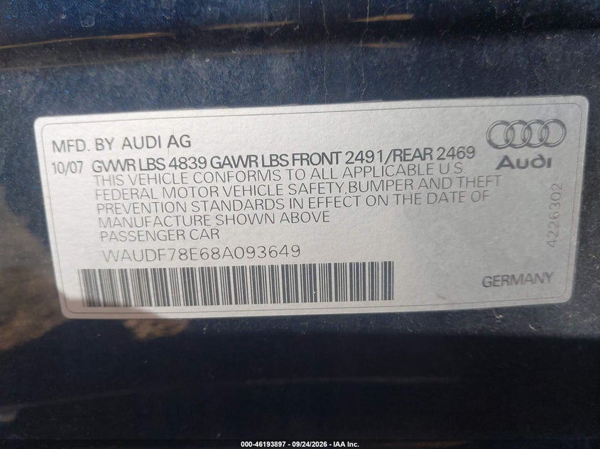 AUDI A4 2008 VIN WAUDF78E68A093649
