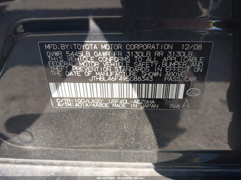 LEXUS LS 460 2009 VIN JTHBL46F495088343