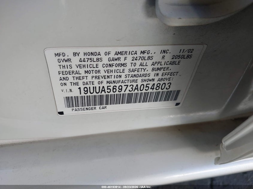 ACURA TL 2003 VIN 19UUA56973A054803