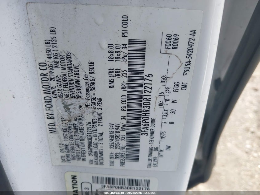 FORD FUSION 2013 VIN 3FA6P0HR3DR122176