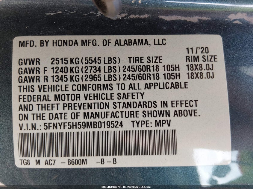 HONDA PILOTO 2021 VIN 5FNYF5H59MB019524