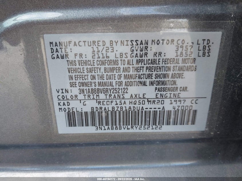 NISSAN SENTRA 2024 VIN 3N1AB8BV6RY252122