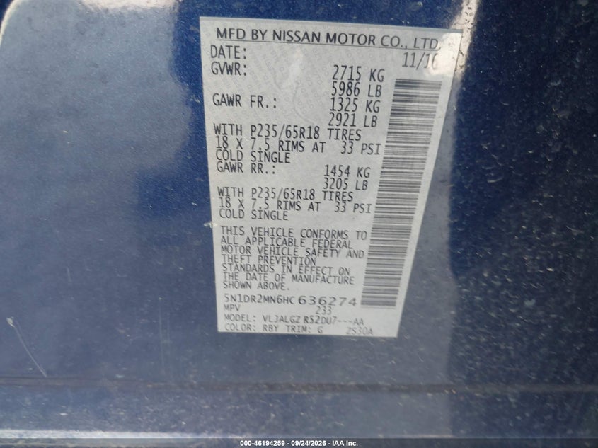 NISSAN PATHFINDER 2017 VIN 5N1DR2MN6HC636274