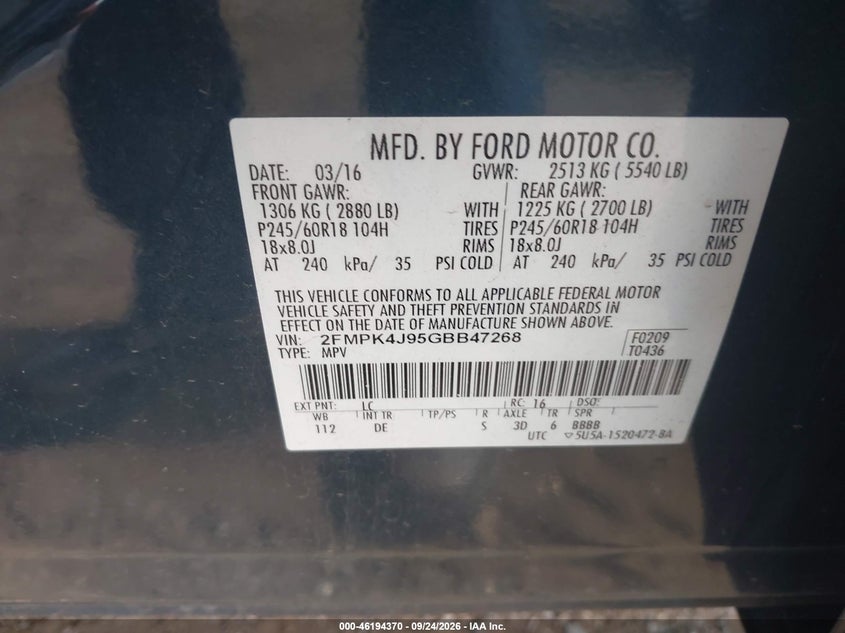 FORD EDGE 2016 VIN 2FMPK4J95GBB47268