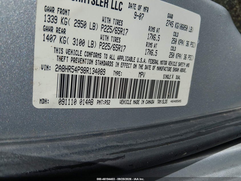 CHRYSLER TOWN & COUNTRY 2008 VIN 2A8HR54P98R134089