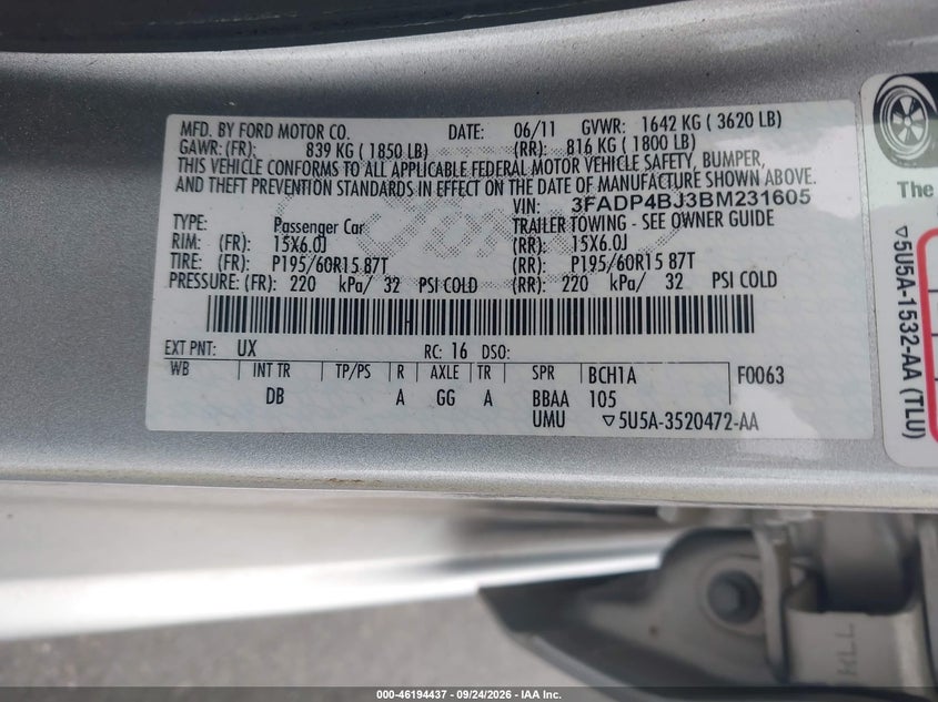 FORD FIESTA 2011 VIN 3FADP4BJ3BM231605