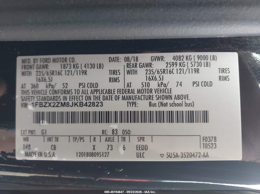 FORD TRANSIT-350 2018 VIN 1FBZX2ZM8JKB42823