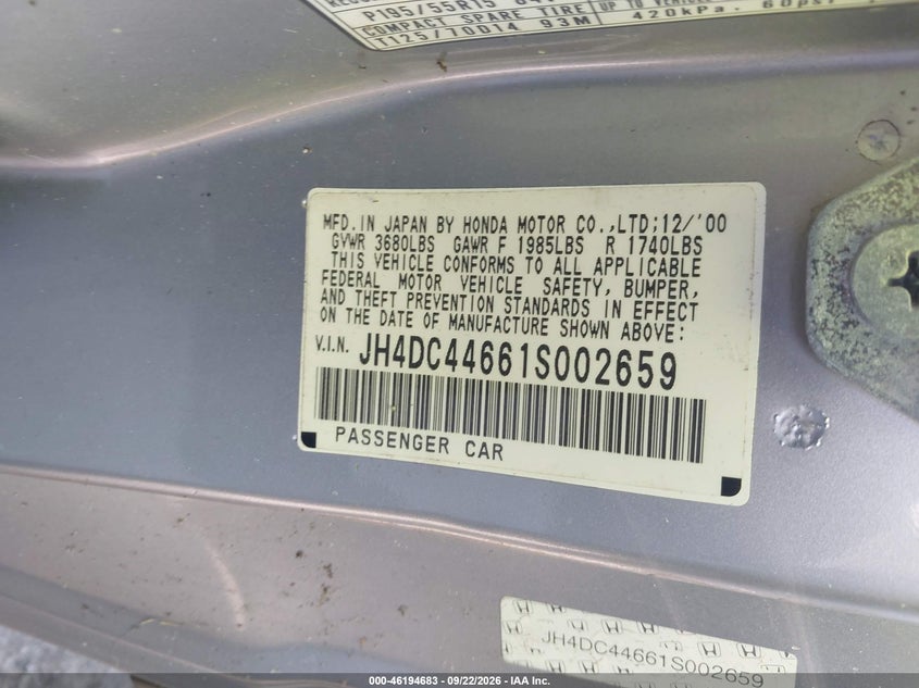ACURA INTEGRA 2001 VIN JH4DC44661S002659