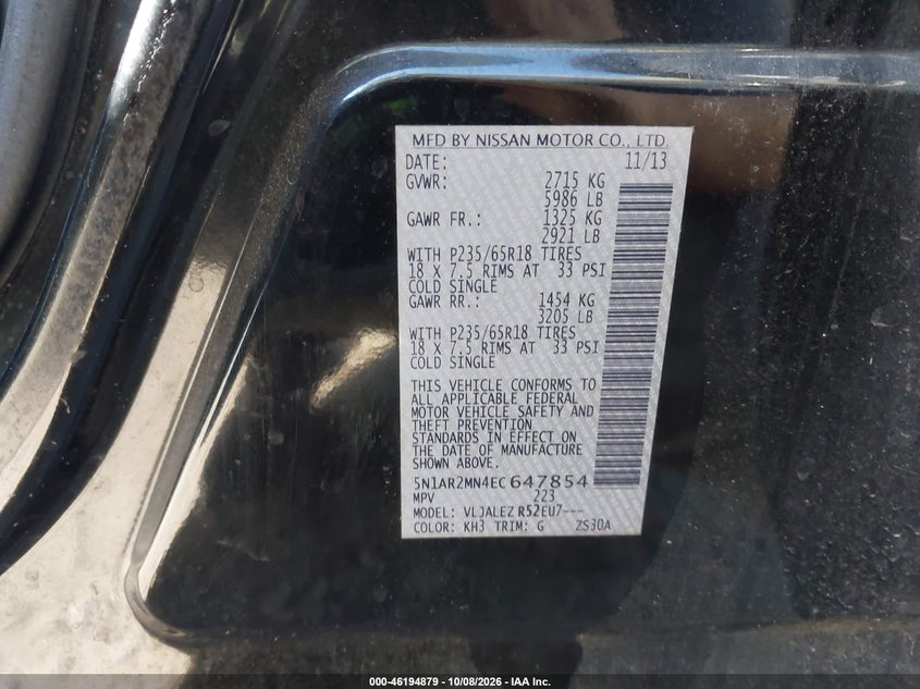 NISSAN PATHFINDER 2014 VIN 5N1AR2MN4EC647854