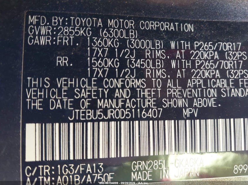 TOYOTA 4RUNNER 2013 VIN JTEBU5JR0D5116407