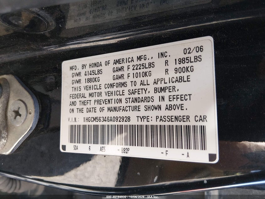 HONDA ACCORD SDN 2006 VIN 1HGCM56346A092928