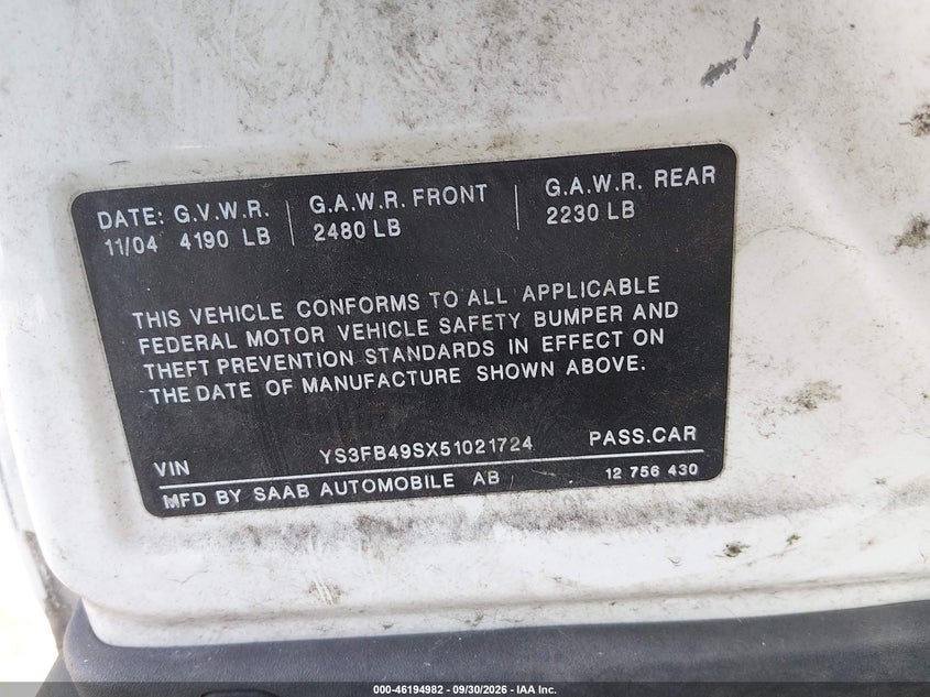SAAB 9-3 2005 VIN YS3FB49SX51021724