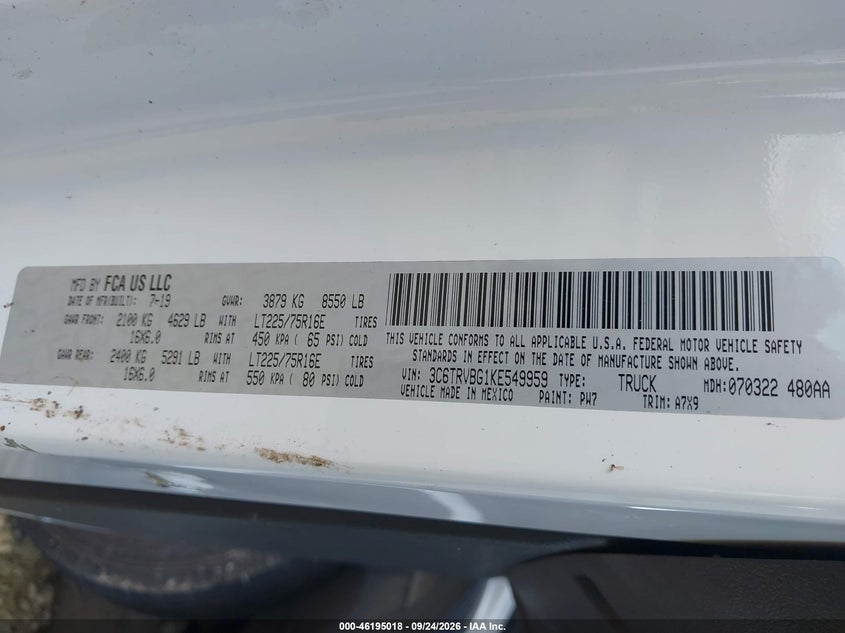 RAM PROMASTER 1500 2019 VIN 3C6TRVBG1KE549959