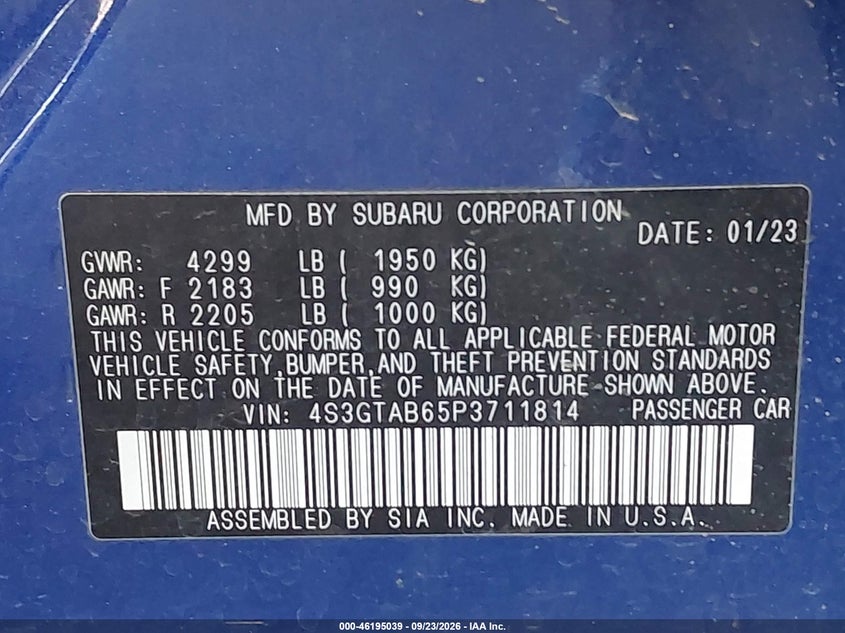 Vin: 4s3gtab65p3711814, lot: 46694923, subaru impreza base 5-door 20234