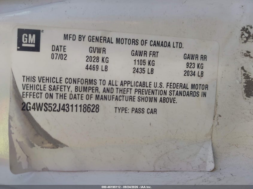 BUICK CENTURY 2003 VIN 2G4WS52J431118628