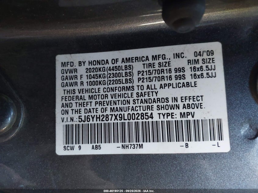 HONDA ELEMENT 2009 VIN 5J6YH287X9L002854
