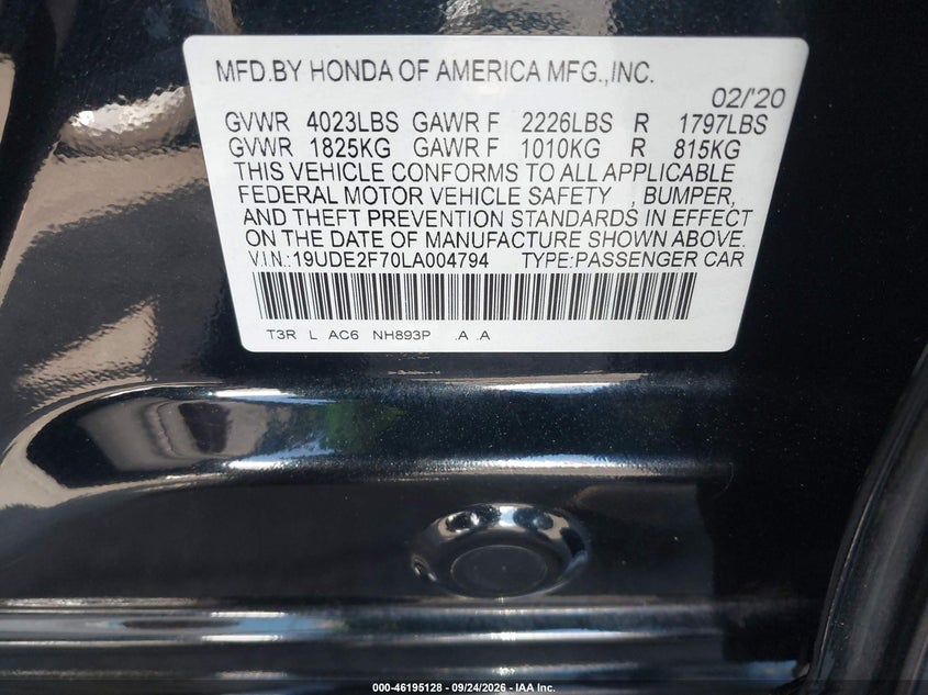 ACURA ILX 2020 VIN 19UDE2F70LA004794