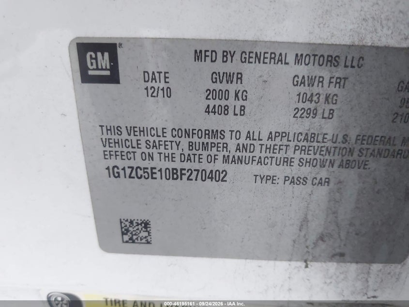 CHEVROLET MALIBU 2011 VIN 1G1ZC5E10BF270402