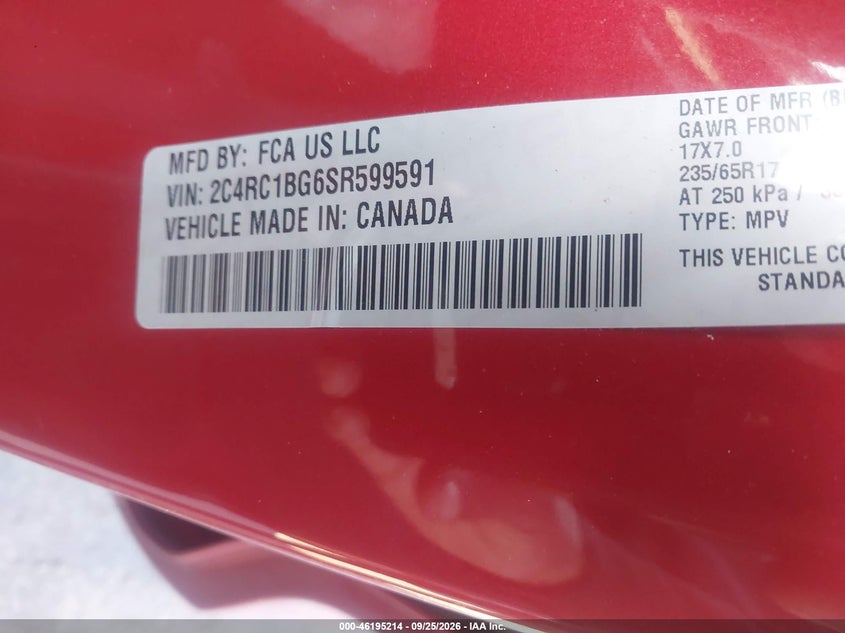 CHRYSLER PACIFICA 2025 VIN 2C4RC1BG6SR599591