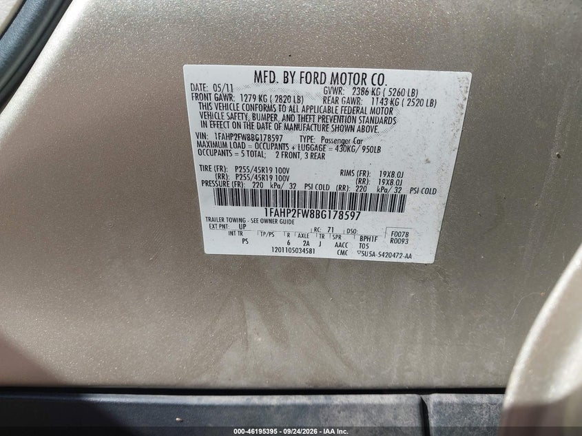 FORD TAURUS 2011 VIN 1FAHP2FW8BG178597