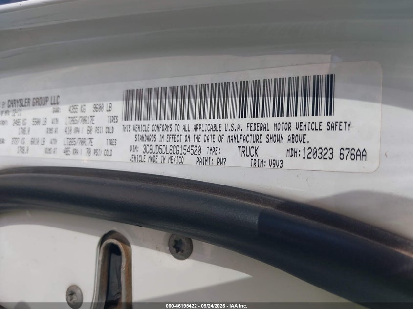 RAM 2500 2012 VIN 3C6UD5DL6CG154520