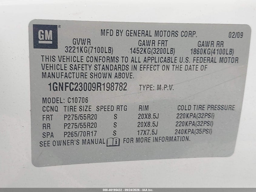 CHEVROLET TAHOE 2009 VIN 1GNFC23009R198782