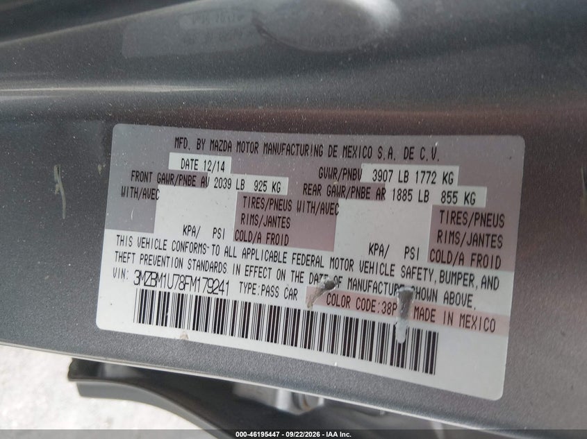 MAZDA MAZDA3 2015 VIN 3MZBM1U78FM179241