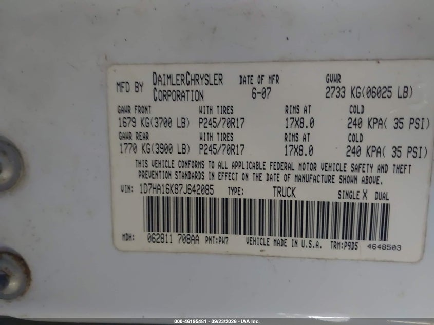 DODGE RAM 1500 2007 VIN 1D7HA16K87J642085