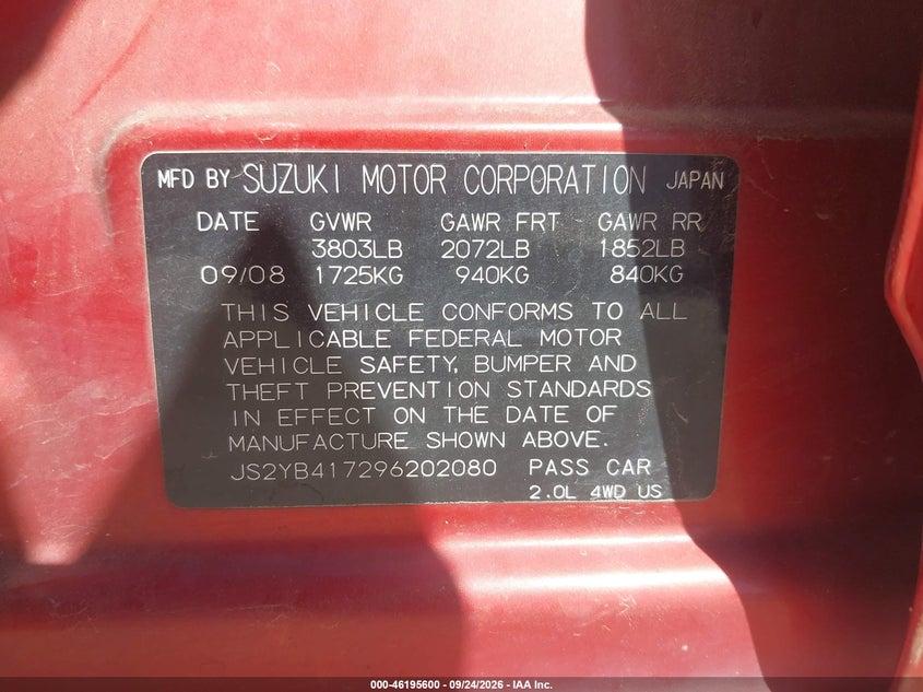 SUZUKI SX4 2009 VIN JS2YB417296202080