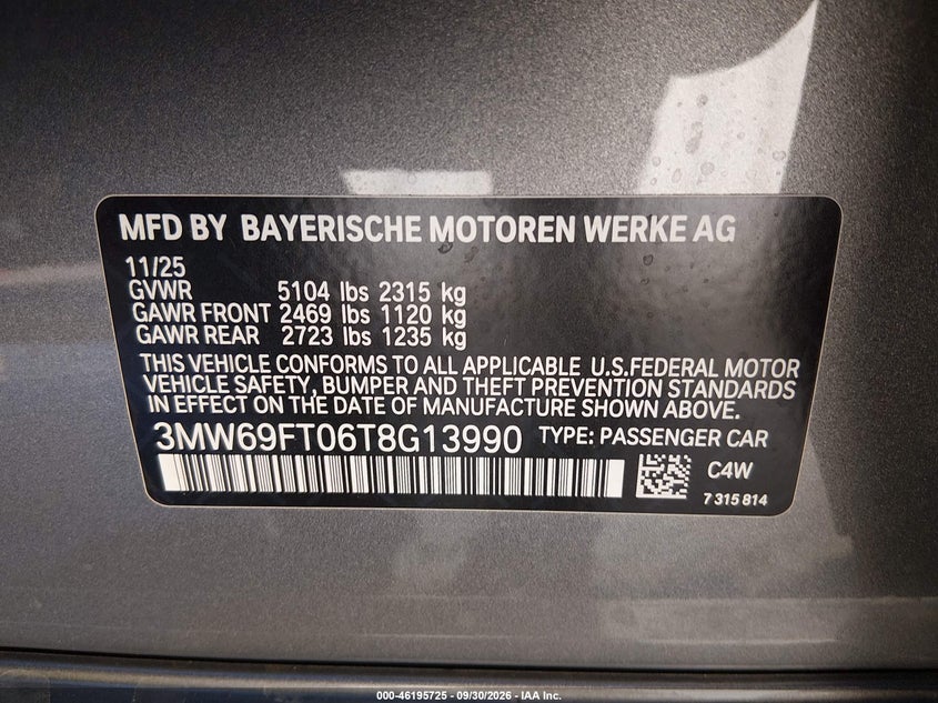BMW M340I 2026 VIN 3MW69FT06T8G13990