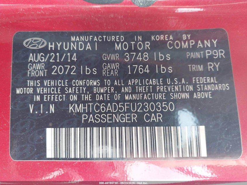 HYUNDAI VELOSTER 2015 VIN KMHTC6AD5FU230350