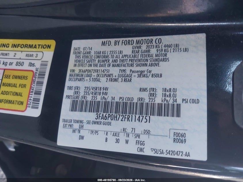 FORD FUSION 2015 VIN 3FA6P0H72FR114751
