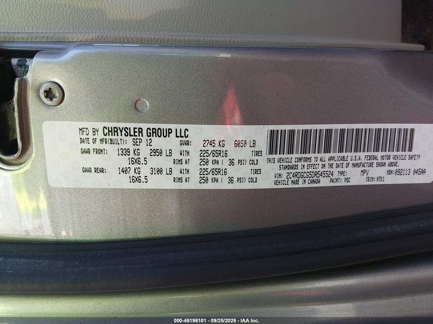 DODGE GRAND CARAVAN 2013 VIN 2C4RDGCG5DR545524