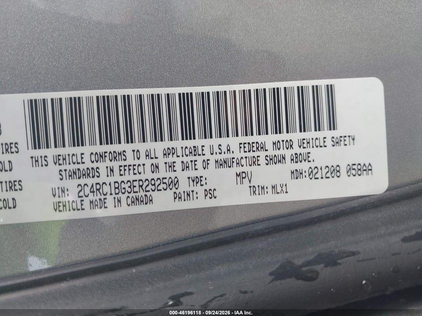 CHRYSLER TOWN & COUNTRY 2014 VIN 2C4RC1BG3ER292500