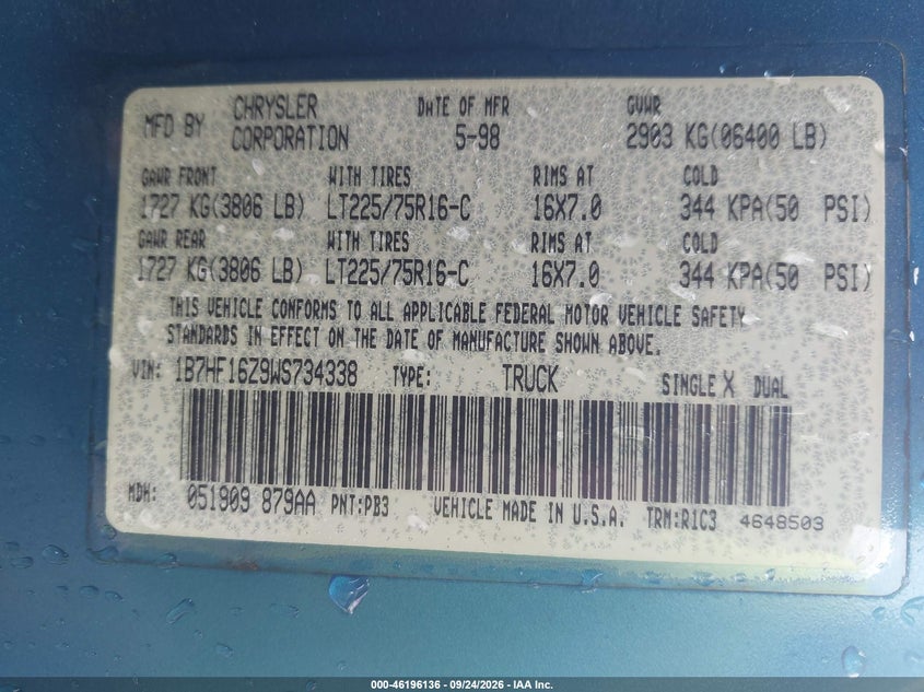DODGE RAM 1500 1998 VIN 1B7HF16Z9WS734338