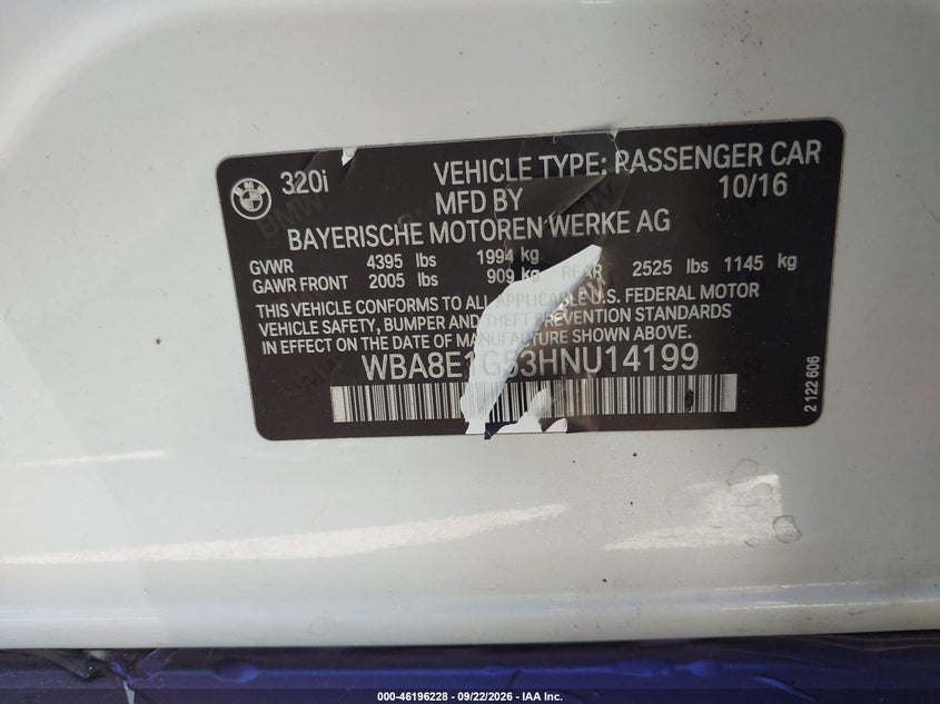 BMW 320I 2017 VIN WBA8E1G53HNU14199