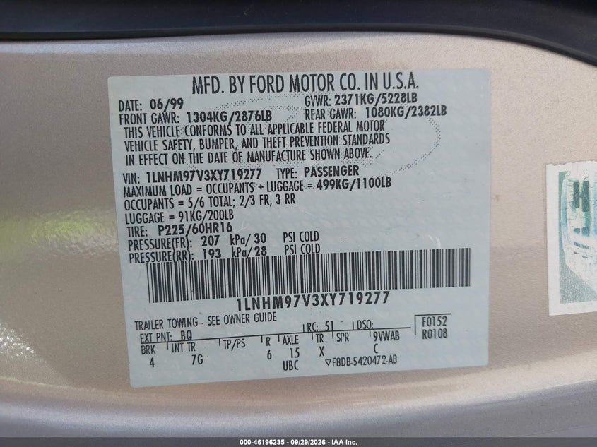 LINCOLN CONTINENTAL 1999 VIN 1LNHM97V3XY719277