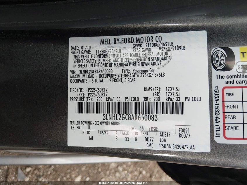 LINCOLN MKZ 2010 VIN 3LNHL2GC8AR650083