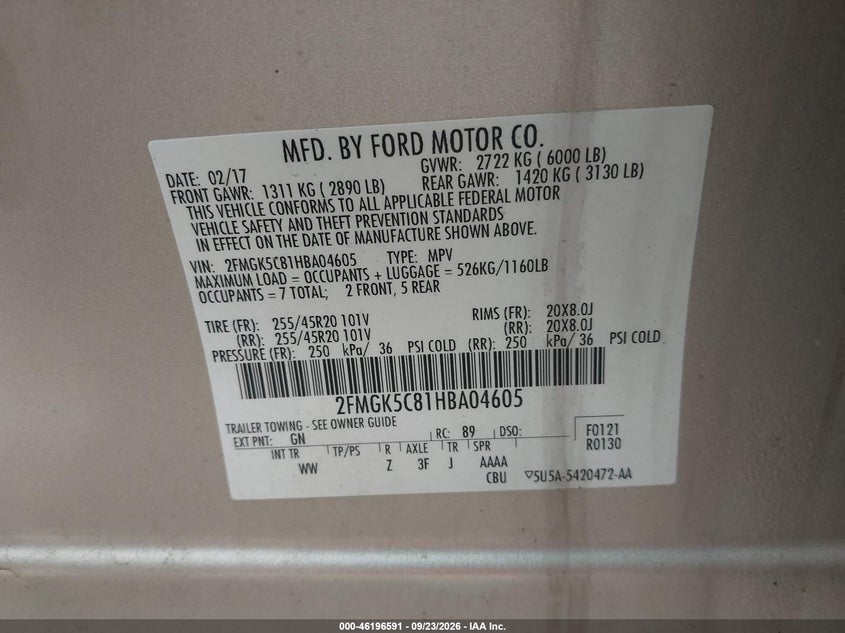 FORD FLEX 2017 VIN 2FMGK5C81HBA04605
