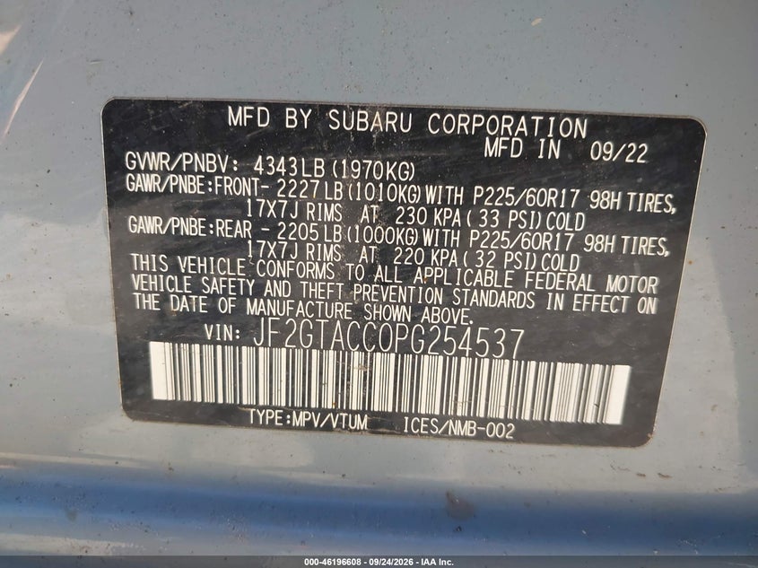 SUBARU CROSSTREK 2023 VIN JF2GTACC0PG254537