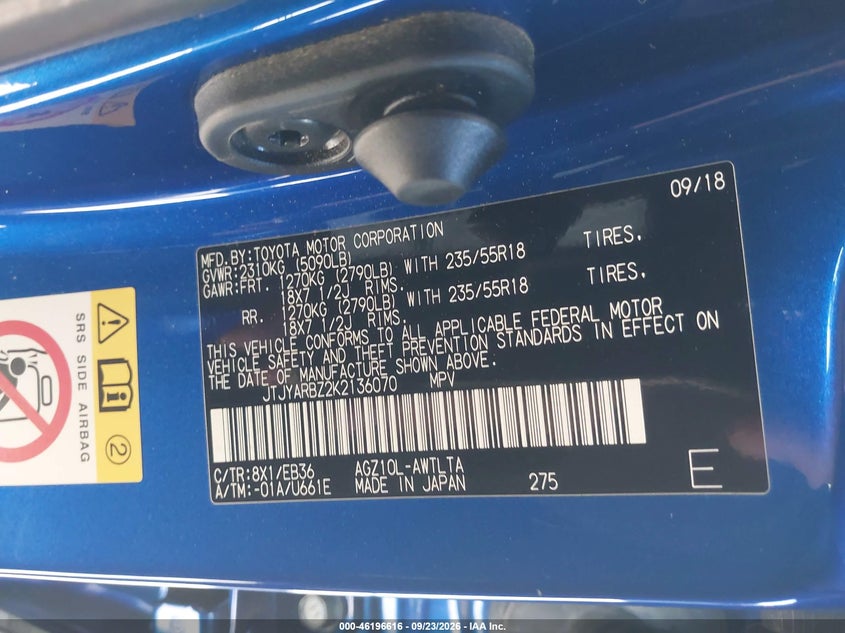 LEXUS NX 300 2019 VIN JTJYARBZ2K2136070