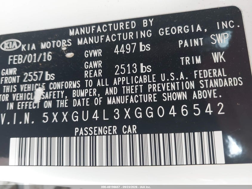 KIA OPTIMA 2016 VIN 5XXGU4L3XGG046542