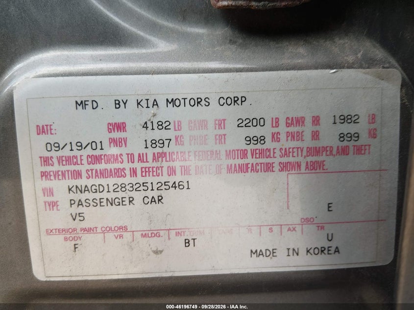 KIA OPTIMA 2002 VIN KNAGD128325125461