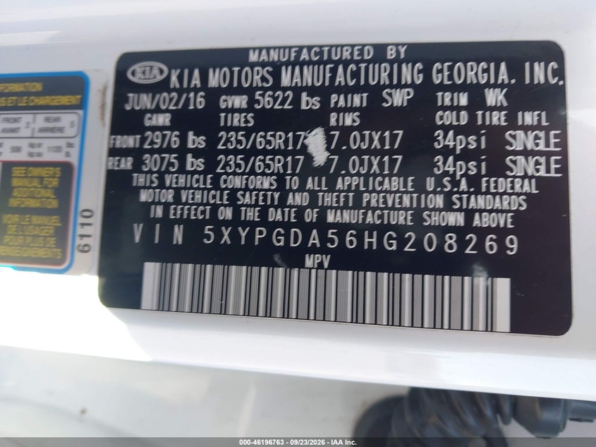 KIA SORENTO 2017 VIN 5XYPGDA56HG208269