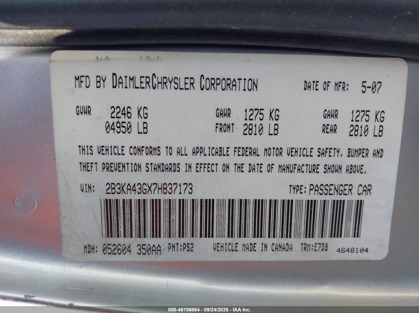 DODGE CHARGER 2007 VIN 2B3KA43GX7H837173