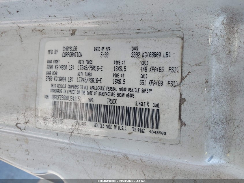 DODGE RAM 2500 1998 VIN 1B7KF236XWJ241151