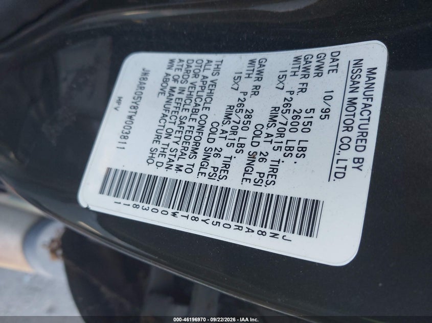 NISSAN PATHFINDER 1996 VIN JN8AR05Y8TW003811
