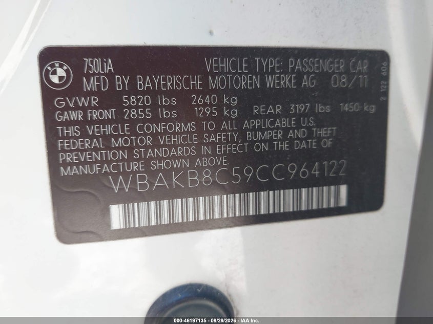BMW 750LI 2012 VIN WBAKB8C59CC964122